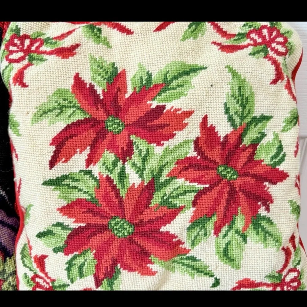 (2)Vintage Victorian Christmas Wool Needlepoint Throw Pillows Red Velvet Back